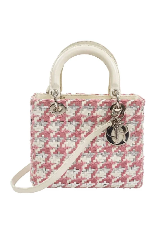 Christian Dior handbags with a detachable mirror for on - the - go touch - upsCHRISTIAN DIOR Pink Woven Leather with Tweed Lady Dior Handbag