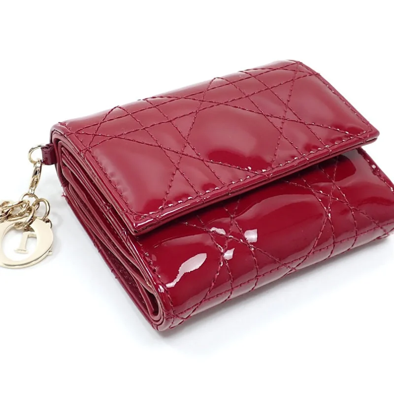 Contemporary Christian Dior handbags with a unique shapeCHRISTIAN DIOR Tri-fold Wallet Cannage LADY DIOR Lotus Women's Cherry Red Patent Calf Leather S0181OVRB_M323