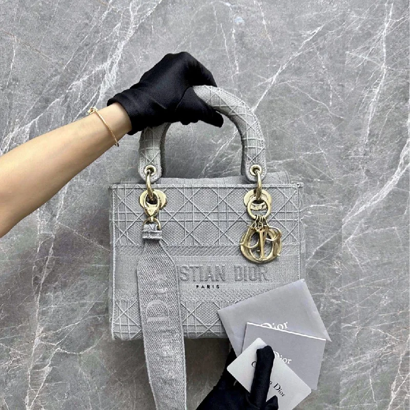 Contemporary Christian Dior handbags with a unique shapeLady D-Lite Medium Grey Cannage Embroidery GHW