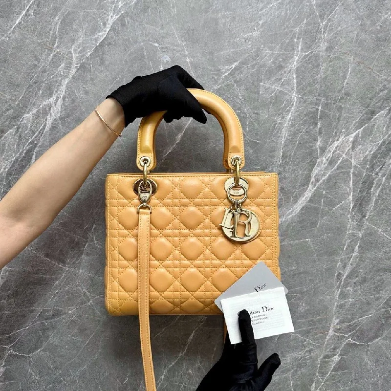 High - fashion Christian Dior bags with a geometric patternLady Medium Lambskin mustard GHW