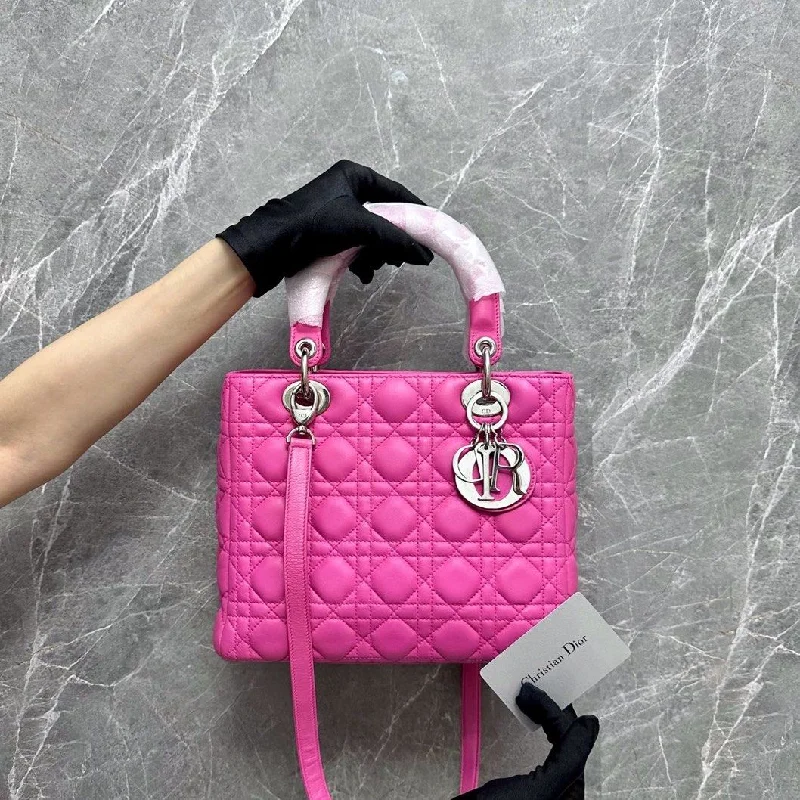 Christian Dior Saddle bags with a studded trim for a bold lookLady Medium Vintage Lambskin Hot Pink SHW