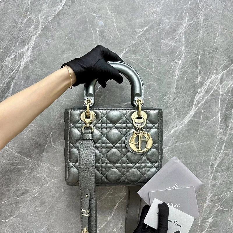 Christian Dior handbags with a detachable mirror for on - the - go touch - upsLady Small ABC Metallic Gunmetal Calfskin GHW