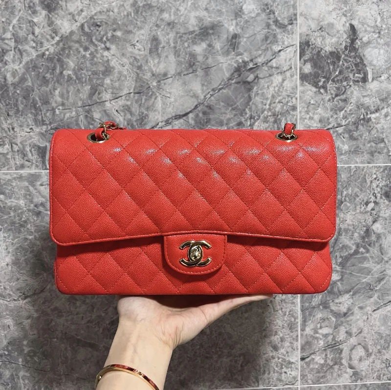 Chanel Designer Handbag with Unique Design[Entrupy certified] double CF No.27 Salmon red Caviar Gold Hardware