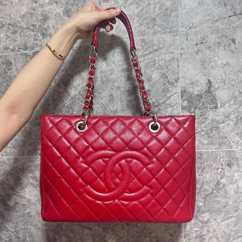 Chanel Small Crossbody Bag for Travel[Entrupy Certified]Authentic Red Grand Shopping Tote GST with Silver Hardware Caviar