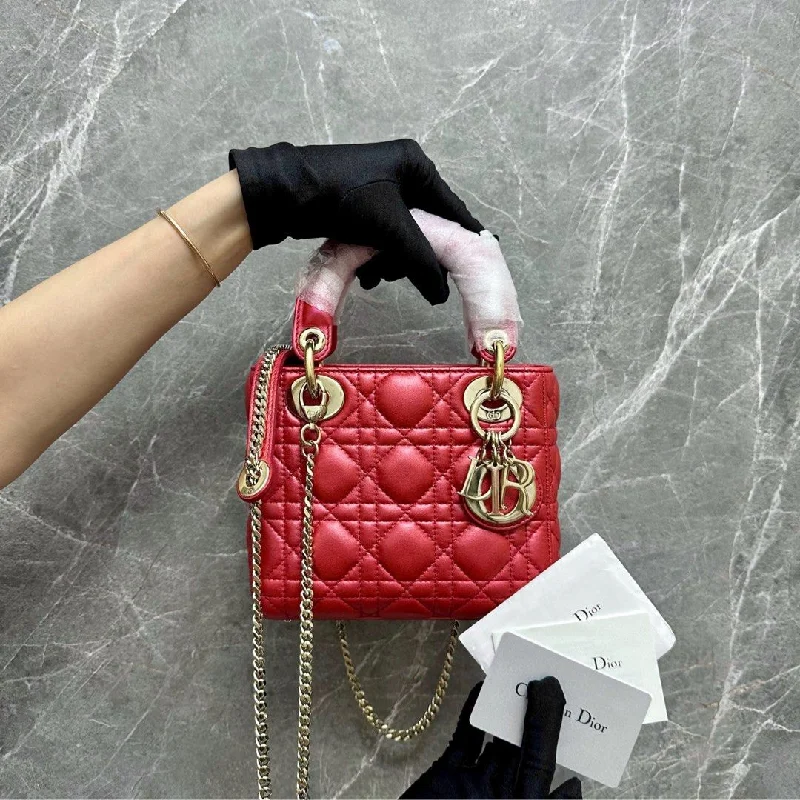 Christian Dior handbags with a snap - button closure and a decorative buckleLNIB Lady Mini Lambskin Iridescent Red GHW