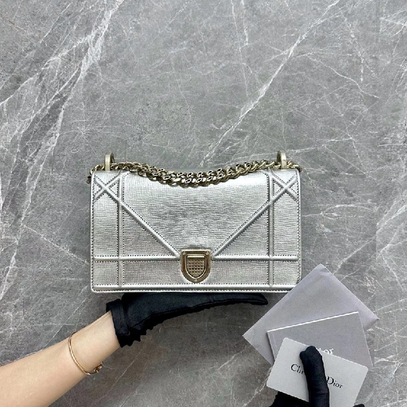 Christian Dior handbags with a detachable mirror for on - the - go touch - upsDiorama Small Ama Calfskin Silver GHW