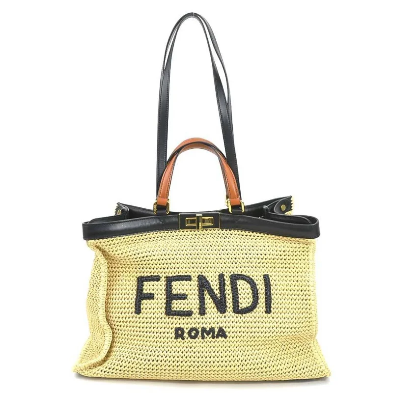 Ladies Fendi shoulder bags with a tassel - decorated zipper for added charm and styleFENDI Handbag Shoulder Bag Peekaboo X Tote Raffia/Leather Beige/Black Gold Ladies